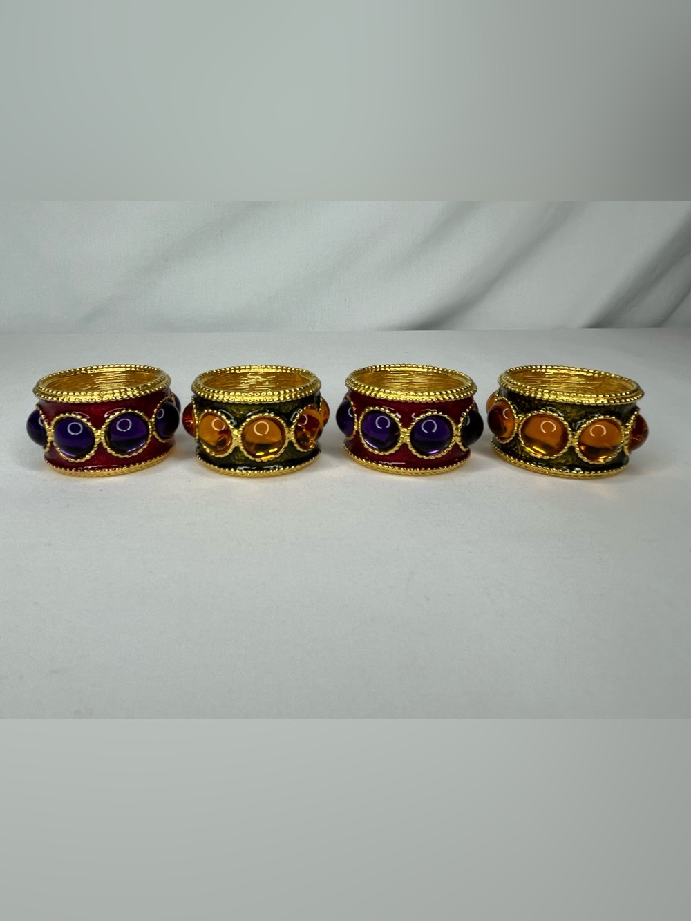 Vintage Luxury Hand Enameled Napkin Rings By Mike+Ally-Gold With Stones